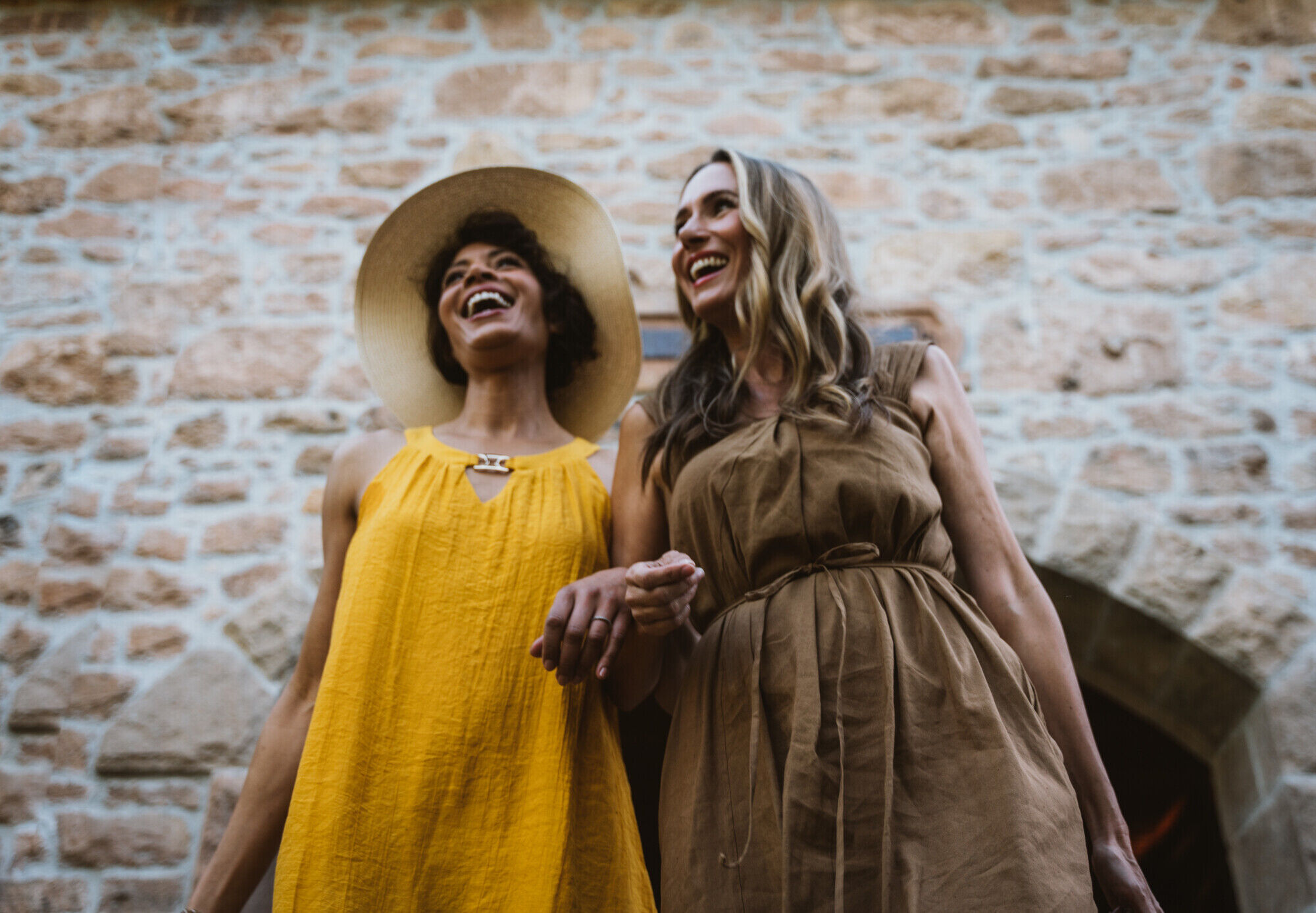 Two friends enjoying the outside of the Freemark Abbey winery